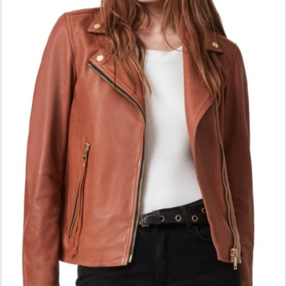 All Saints Dalby Leather Jacket Cognac Brown